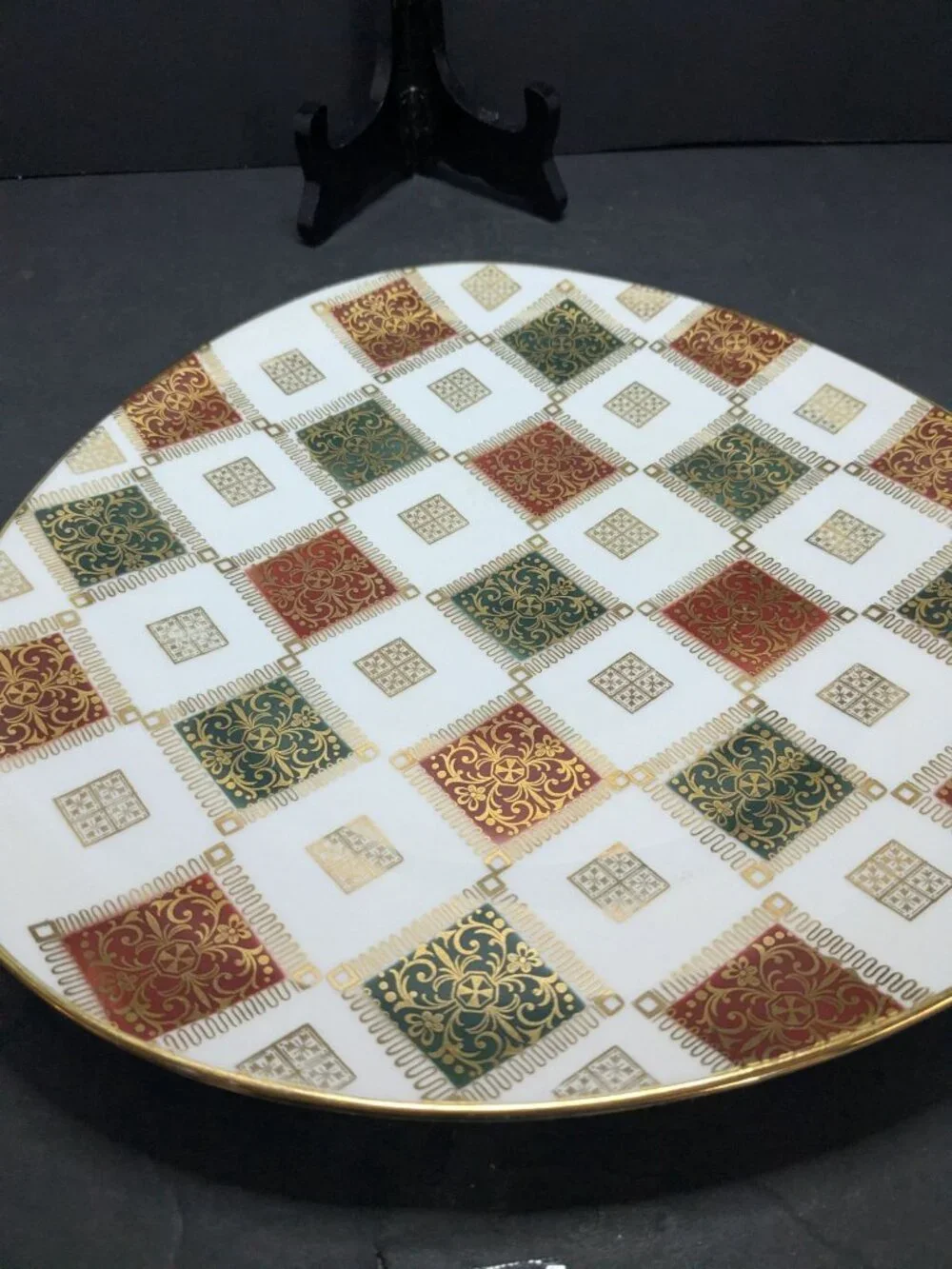 Vintage Bavaria Porcelain Guitar Pick Shaped Plate Red Green Gold Pattern 1950s